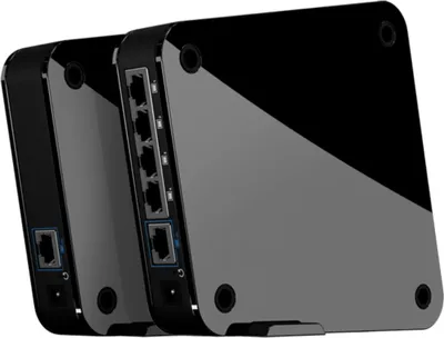The back view of two black network devices, likely routers or bridges, are shown side-by-side against a white background. The devices have multiple Ethernet ports and power connectors visible.