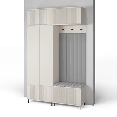 Produktbild von Garderoben-Set Ritmo Version 2 – gefräster Kleiderschrank mit hohen Füßen, Schuhschrank, Hängeschrank für den Flur (cashmere, Trinity 14)