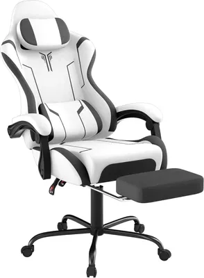 Obrázok produktu pre Ergonomická herná stolička – otočná stolička s nastaviteľnou výškou – výsuvná podnožka – odnímateľná opierka hlavy – bedrová opierka – biely velúrový poťah