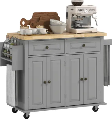 Produktbild von Kücheninsel mit Rollen - Küchenwagen - Gewürzregal, Seitenstange, 2 Schubladen, Holz, 111×44,5×82,5 cm - Grau
