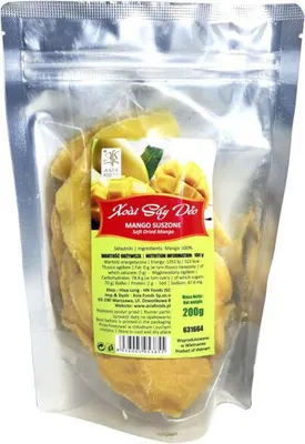 A clear image of a bag of dried mango slices.