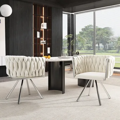 Immagine prodotto di okwish Sedia da pranzo in velluto, girevole, 2 pezzi, singola, color crema, lussuosa sedia girevole per il soggiorno, con 4 gambe in metallo, beige e argento
