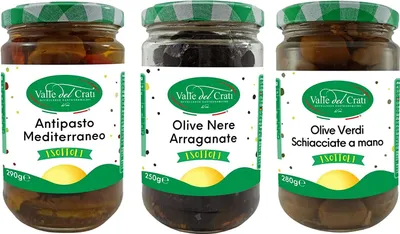 Produktbild von Gemischte mediterrane Vorspeise | Schwarze und grüne Oliven | getrocknete Tomaten| Chilischote |Artischocken und Pilze |  3 Glas mit 250+