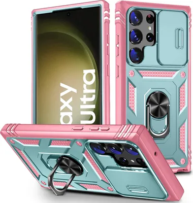 Multiple views of a pink and turquoise phone case with a sliding camera cover and a ring holder.