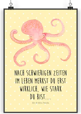 Produktbild von Mr. & Mrs. Panda Bild Tintenfisch DIN A4 - Gelb Pastell - Geschenk, wanddeko, Meer, Meerestier, drucke, Plakat, Wandbild, Lustige Sprüche, Kunstdruck, Wasser, Krake