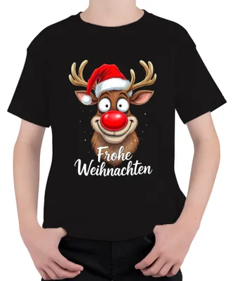 Produktbild von Frohe Weihnachten Lustiges Rentier Rudolf Weihnachtsmütze Cartoon Kinder T-Shirt, Schwarz, 128