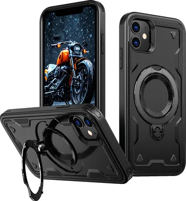 Produktbild von Dual Layer Hülle für iPhone 11/iPhone XR Metall Ring Ständer Magnetisch Stoßfest Militär Handyhülle Schwarz