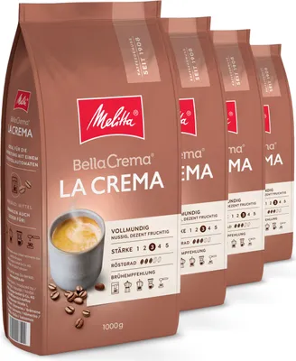 Multiple bags of Melitta BellaCrema La Crema coffee beans are displayed side-by-side.