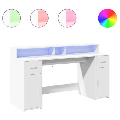 A white LED desk with shelves and drawers, shown against a white background. Three circular swatches above the desk show different LED light colors (green, pink, purple), and a color wheel graphic is also present.