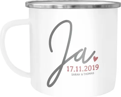Produktbild von Emaille-Tasse "Ja" mit Namen Datum personalisierte Hochzeitsgeschenke Emaille-Becher SpecialMe® weiß-metall Emailletasse