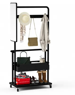 Produktbild von Metallgarderobe mit Rollen 70x40x170 cm 3-in-1 Design mit Spiegel und Korb Mobiler Kleiderständer Großer Stauraum Schwarz
