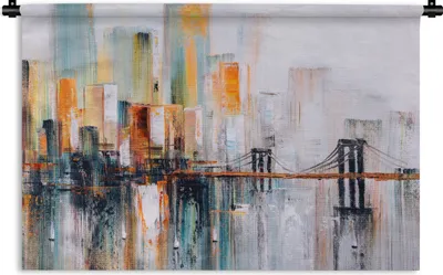 Produktbild von MuchoWow® Wandteppich Wandbehang Ölgemälde - Skyline - Abstrakt 120x80 cm Tapisserie Dekoration Wandtuch - Wanddekorationen - Wandtücher