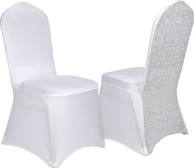 Image de WISFOR 10 housses de chaises universelles en stretch, housses de chaises avec paillettes, housses de chaises pour mariages, fêtes et anniversaires, blanc+argenté