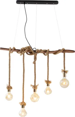 Produktbild von Näve Leuchten 5flg. Pendelleuchte "ROPE" L: 100cm 5flg. Pendelleuchte "ROPE" L: 100cm Pendelleuchte - 5 flg. Pendelleuchte "ROPE", Hängelampe im Landhaus Stil, ausHolz in natur, 210 cm hoch, Maße 100 x 6 cm, E27-Fassung