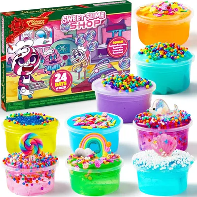 Produktbild von Weihnachts-Adventskalender 2024: 16 DIY-Schleim-Sets – Schaumbällchen – Fruchtstücke & leuchtendes Pulver