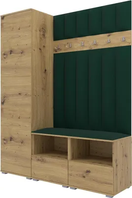 Produktbild von Garderoben-Set Nela II LUX, gepolsterte Garderobe 150 cm mit Doppel-Sitzbank, Wandpaneelen und Stauraum (Farbe: Artisan Eiche + Trinity 28)