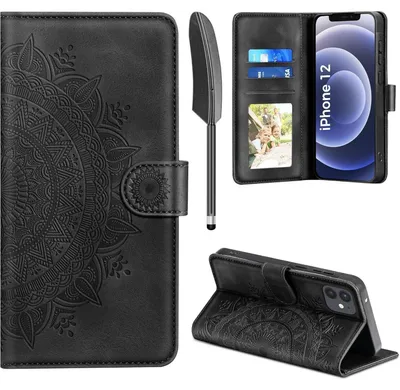Immagine prodotto di Custodia in pelle a libro per iPhone 12/12 Pro, con portacarte e funzione stand, colore nero