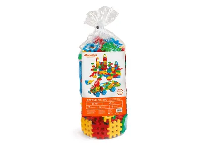 Produktbild von Marioinex Waffel-Bausteine Mix – 200 Teile Konstruktionsspielzeug für 2-Jährige (4,5-22 cm, mit Rädern, Achsen, Figuren & Tieren) – Fördert Motorik & Kreativität, ab 2 Jahren