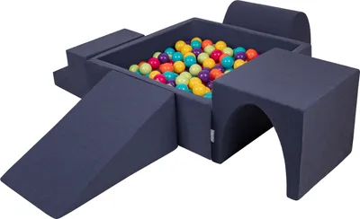 Produktbild von KiddyMoon Mäkké penové ihrisko pre deti s Štvorec loptičkovým ihriskom (300 ∅ 7 cm) s mäkkými prekážkami a loptičkovým bazénom,  vyrobené v EÚ, Tmavomodrá:HelZelená/Žltá/Tyrkysová/Orange/