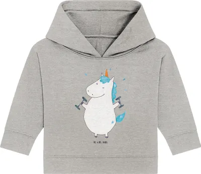 Produktbild von Mr. & Mrs. Panda Organic Baby Hoodie Einhorn Fitness 24. - 36. Monat - Heather Grey - Geschenk, Fitnessstudio, Sport, Gym, Kapuzensweatshirt, Kapuzenshirt, Unicorn