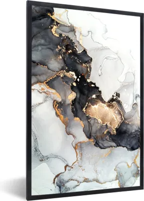 Produktbild von MuchoWow® Gerahmtes Poster Marmor - Schwarz - Weiß - Gold - Luxus - Abstrakt 60x90 cm - Poster mit Schwarzem Bilderrahmen Wandposter Rahmen Foto Bilder - Kunst