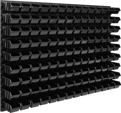 Obrázek produktu pro Skladovací systém Dílenské regály | 115 x 78 cm | 126 ks. Box | Nástěnné regály se stohovatelnými boxy – Nástěnné desky Extra silné regály s přihrádkami Nástěnné regály pro nářadí Skladové regály Garážové regály