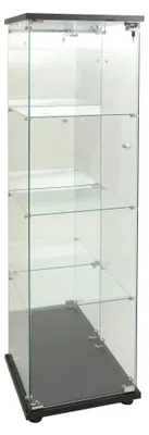 Image de Vitrine en verre - Modèle Style A, porte simple - 4 étagères - Avec éclairage - Style moderne pour objets de collection, livres et bouteilles de vin - Noir