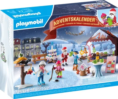 A Playmobil advent calendar box depicting a Christmas market scene with figures and decorations.