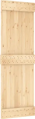 A wooden sliding door with hardware.