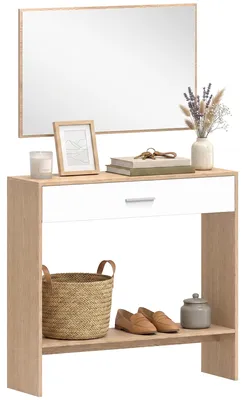 Produktbild von Konsolentisch mit Spiegel, schmaler Konsolentisch mit Schublade und Ablage, moderner Stil, 91,5 x 27,9 x 85,5 cm, Eiche