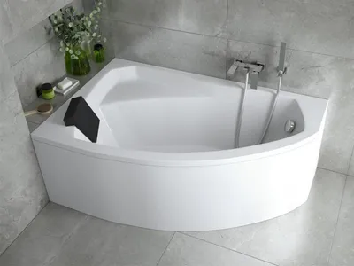 Image de Baignoire acrylique 4 en 1 asymétrique 140x90 gauche blanc + appui-tête noir, siphon moderne chromé Premium et pieds (cadre) inclus | BADLAND RIMA