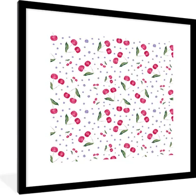 Produktbild von MuchoWow® Gerahmtes Poster Kirschen - Weiß - Muster 40x40 cm - Poster mit Schwarzem Bilderrahmen Wandposter Rahmen Foto Bilder - Poster - Plakat im Rahmen