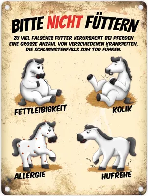 Produktbild von Metallschild mit weiße Pferde Motiv und Spruch: Bitte nicht füttern Blechschild