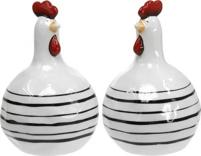 Produktbild von Keramik Deko Huhn Ostern H17cm Schwarz-Weiß Gestreift Henne Küchendeko Set 2St