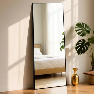Image de Miroir de plein corps 180x76 cm, noir. Miroir sur pied robuste avec cadre en aluminium. Miroir mural
