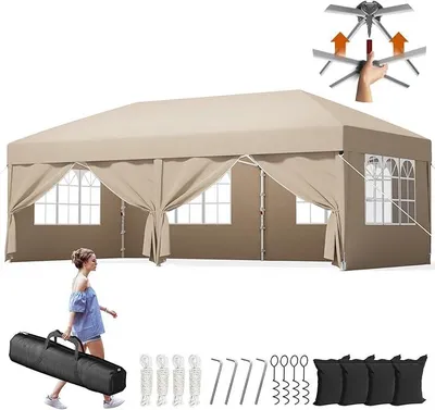 Obrázok produktu pre Jednoducho rozložiteľný pavilón 3x6, vodotesný, stabilný, vhodný aj na zimu. Rozkladací pavilón so bočnými stenami, ochrana proti UV žiareniu 50+, ideálny pre záhradu, dvor, kempovanie a párty. Béžová farba