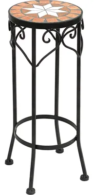 A standalone plant stand with a mosaic top.