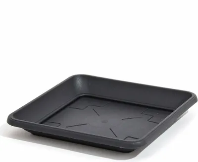 A black square plant saucer is shown against a white background.