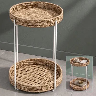 Produktbild von Mai & Mai Beistelltisch rund Ø37×H55 cm, Couchtisch klein mit 2 abnehmbaren Tabletts aus Papierkordel, Weiß Reglo-08