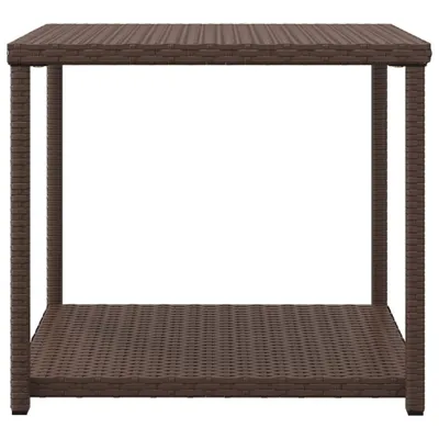 A brown poly rattan side table with two shelves, presented against a white background.