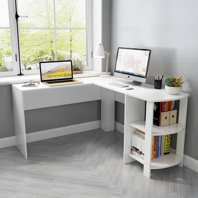 Image de Mondeer Bureau d'angle Bureau informatique en L avec 2 étagères arrondies Grand pour le bureau Salon Bureau blanc