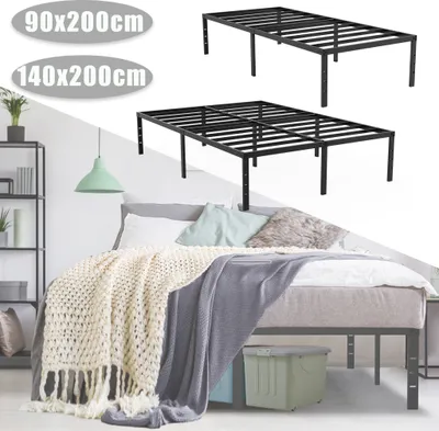A collage showing two metal bed frames and a bedroom scene with a bed.