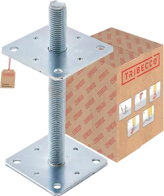 A galvanized adjustable post support with a threaded rod and two square base plates, shown next to its cardboard packaging.
