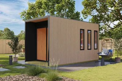 Productafbeelding van Karibu Saunahuis Buiten sauna Tuin sauna Miramar Douglas hout met schaduwplanken, oven 9 kW, externe bediening, easy 73mm elementen, afmetingen 425x217x242 cm