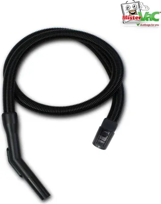 A black vacuum cleaner hose with attachments, displayed on a white background.