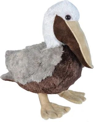 A plush toy pelican is shown against a white background.
