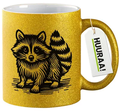 Produktbild von Huuraa Glitzertasse Waschbär Comic 330ml Gold Keramik Kaffeebecher Geschenkidee