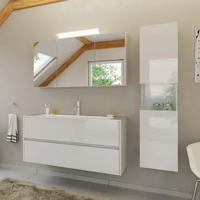 Produktbild von Badmöbel-Set 3-teilig mit 120 cm Waschtisch und Spiegelschrank mit LED-Beleuchtung in weiß Hochglanz - LIVIGNO-02