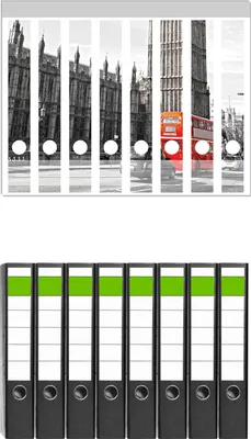 Produktbild von Wallario 8 Stück schmale Ordner inkl. Klebeetiketten mit Motive London Red Bus -  Set mit Rückenschildern / Ordnerrücken Stickern