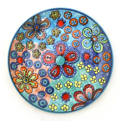 Produktbild von Handbemalter Keramik Teller bunt Set/2 – Frühstücks- & Speiseteller ca. 26 cm – Spülmaschinenfest Microwellentauglich